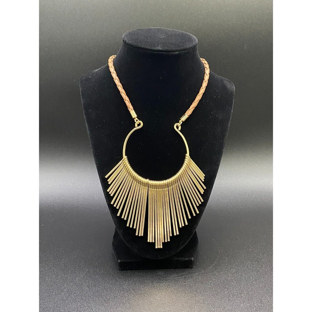 Necklace Gold Tone Fringe and Braided Leather
